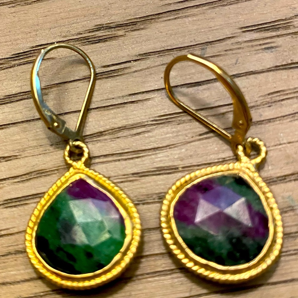 Ruby Zoisite Earrings, Pink and Green Teardrop Earrings
